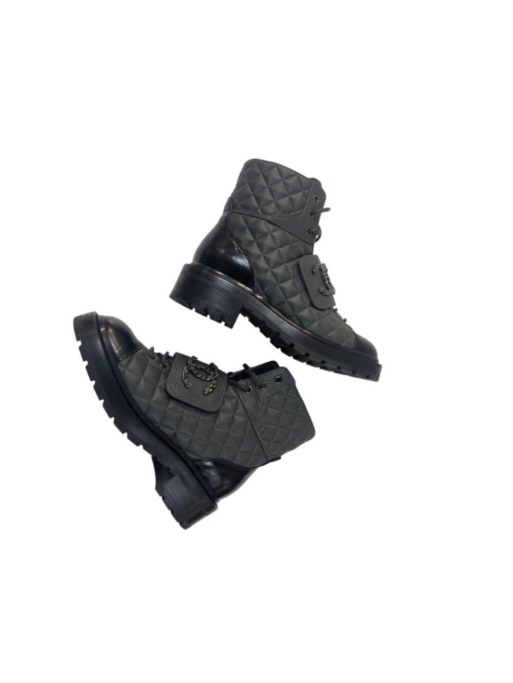 B-8. Chanel Quilted Combat Boot IT 37 US 6.5 Gray Black - Picture 11 of 16